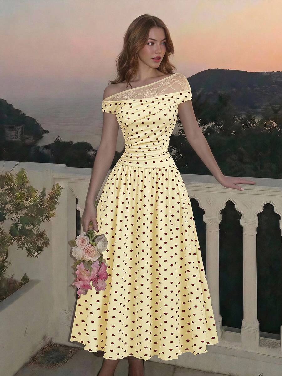 SHEIN MOD فستان بكتف واحد بطبعة نقاط بولكا مع رقع دانتيل