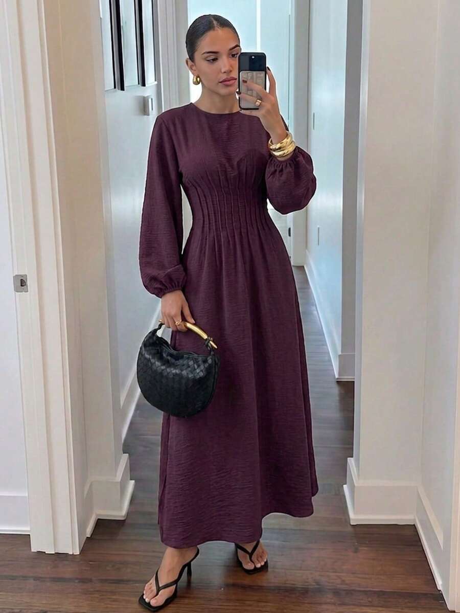 SHEIN Firerie فستان بلون بنفسجي داكن من الكتان بخصر محدد وأكمام طويلة