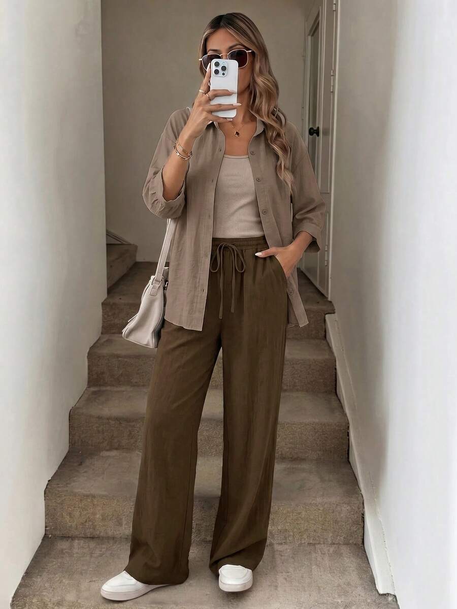 SHEIN Easowa طقم نسائي كاجوال 3 قطع (توب + قميص خفيف + بنطال واسع زيتي)