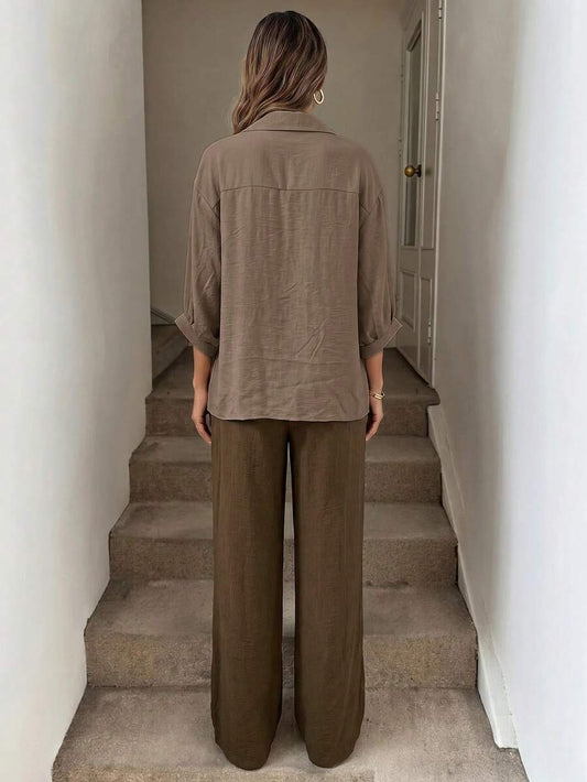SHEIN Easowa طقم نسائي كاجوال 3 قطع (توب + قميص خفيف + بنطال واسع زيتي)