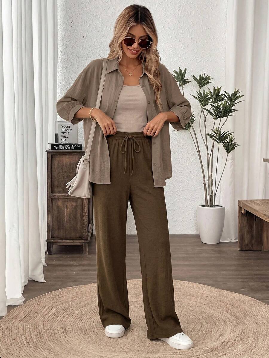 SHEIN Easowa طقم نسائي كاجوال 3 قطع (توب + قميص خفيف + بنطال واسع زيتي)