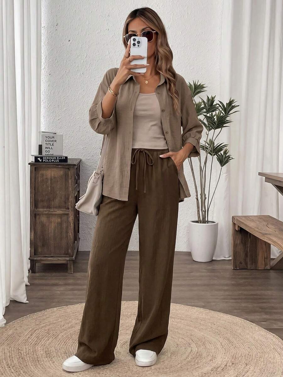 SHEIN Easowa طقم نسائي كاجوال 3 قطع (توب + قميص خفيف + بنطال واسع زيتي)