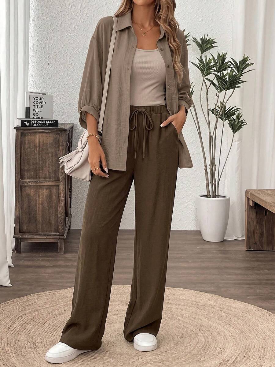 SHEIN Easowa طقم نسائي كاجوال 3 قطع (توب + قميص خفيف + بنطال واسع زيتي)