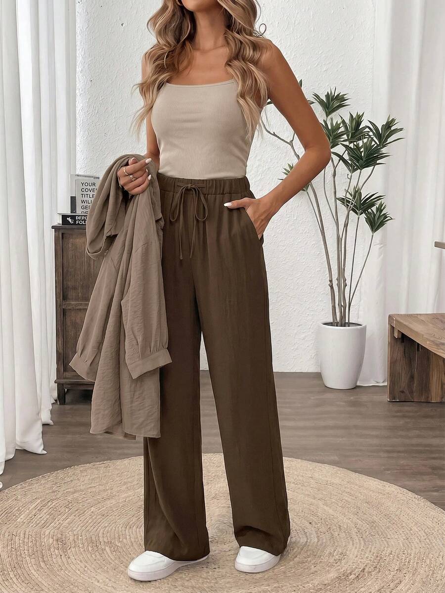 SHEIN Easowa طقم نسائي كاجوال 3 قطع (توب + قميص خفيف + بنطال واسع زيتي)