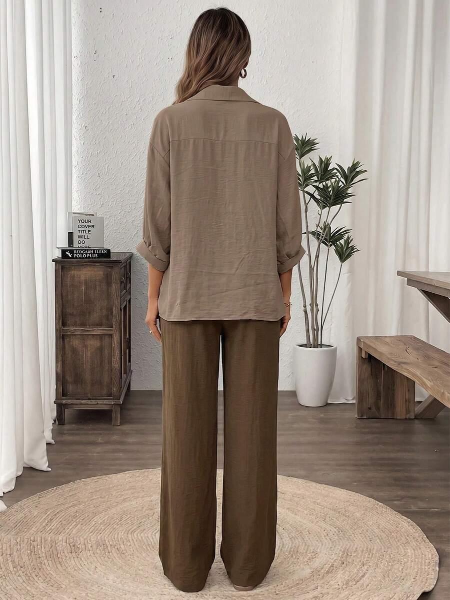 SHEIN Easowa طقم نسائي كاجوال 3 قطع (توب + قميص خفيف + بنطال واسع زيتي)