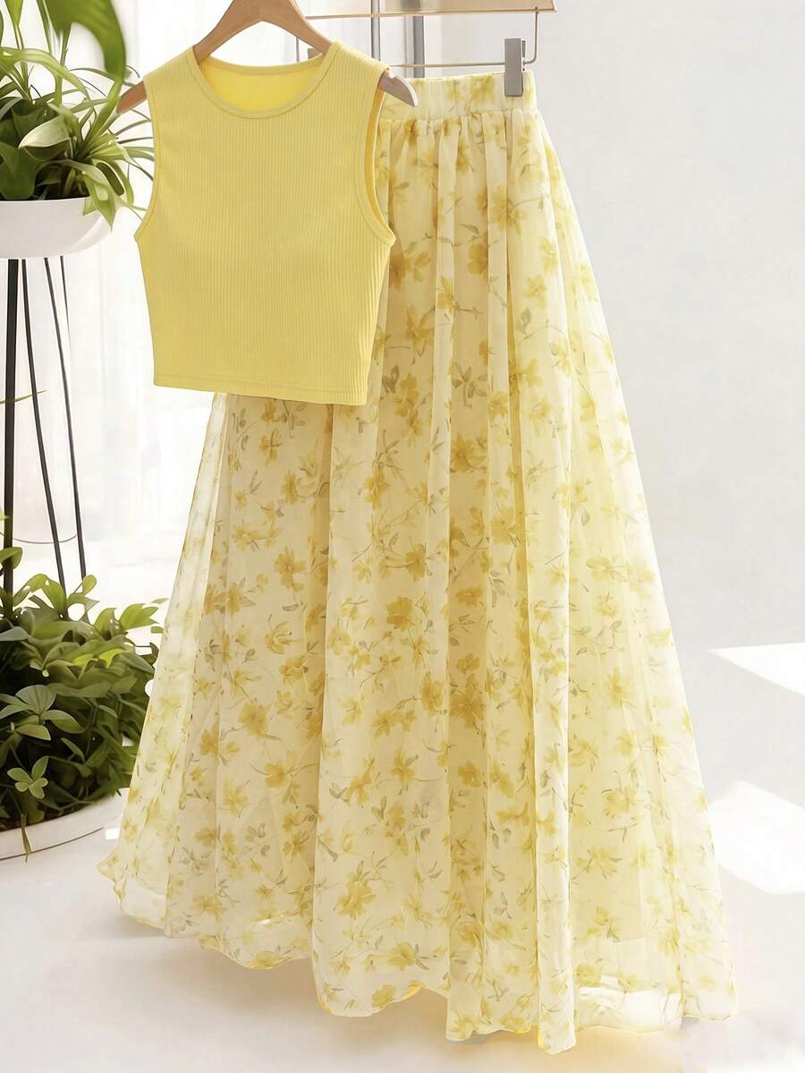 SHEIN GlowEve طقم كاميسول وتنورة بطبعة زهور