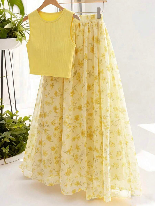 SHEIN GlowEve طقم كاميسول وتنورة بطبعة زهور