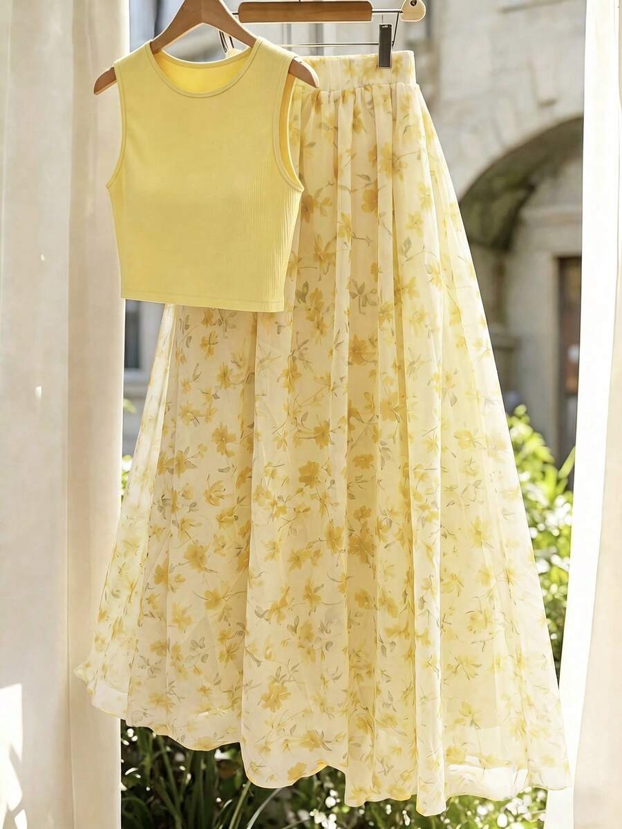 SHEIN GlowEve طقم كاميسول وتنورة بطبعة زهور
