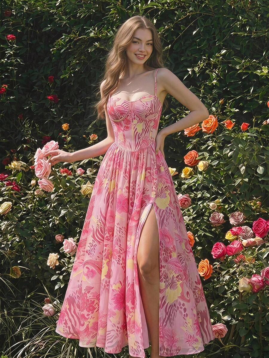 SHEIN MOD فستان وردي مطبوع مطوي بخصر مشدود وحمالات رفيعة