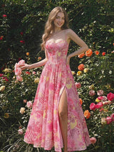 SHEIN MOD فستان وردي مطبوع مطوي بخصر مشدود وحمالات رفيعة