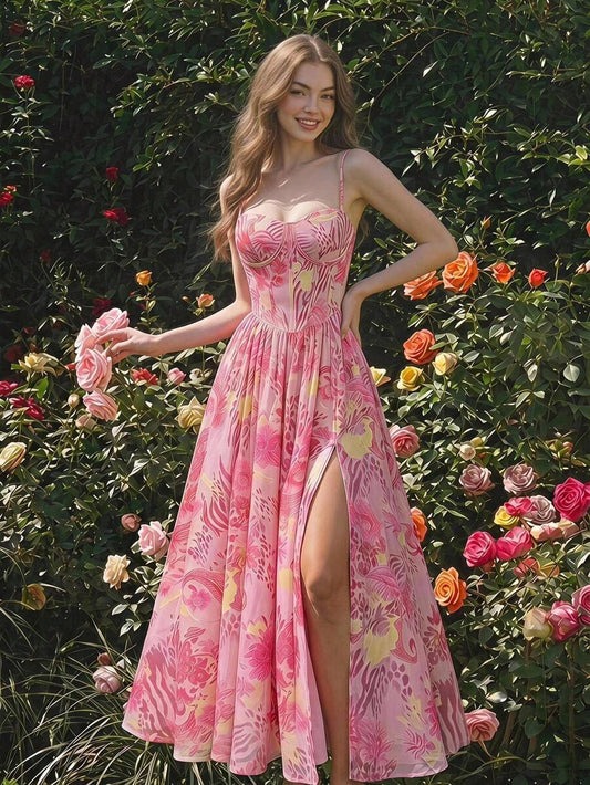 SHEIN MOD فستان وردي مطبوع مطوي بخصر مشدود وحمالات رفيعة