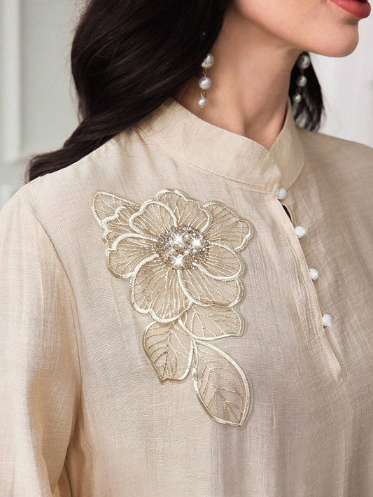 SHEIN Al Najma فستان عربي بأكمام طويلة وشبك مخيط بلون مشمشي