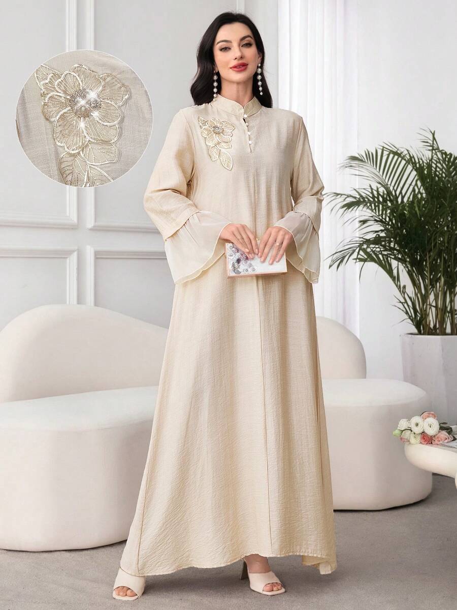 SHEIN Al Najma فستان عربي بأكمام طويلة وشبك مخيط بلون مشمشي