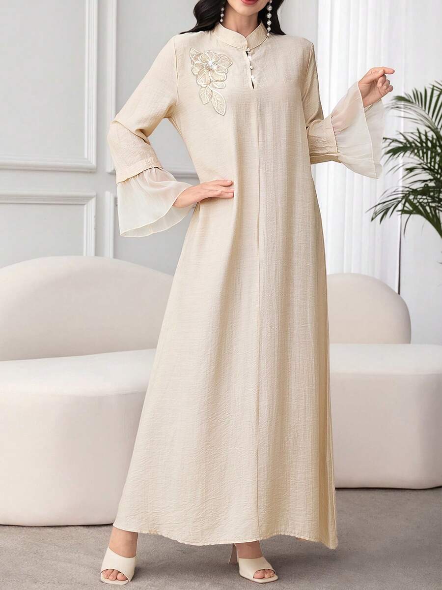 SHEIN Al Najma فستان عربي بأكمام طويلة وشبك مخيط بلون مشمشي