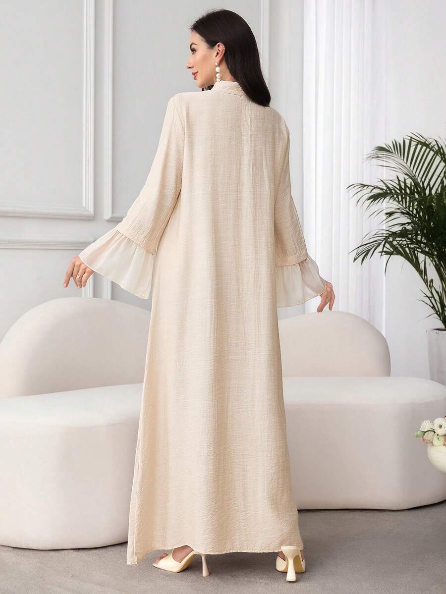 SHEIN Al Najma فستان عربي بأكمام طويلة وشبك مخيط بلون مشمشي