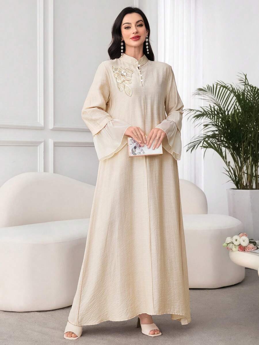 SHEIN Al Najma فستان عربي بأكمام طويلة وشبك مخيط بلون مشمشي
