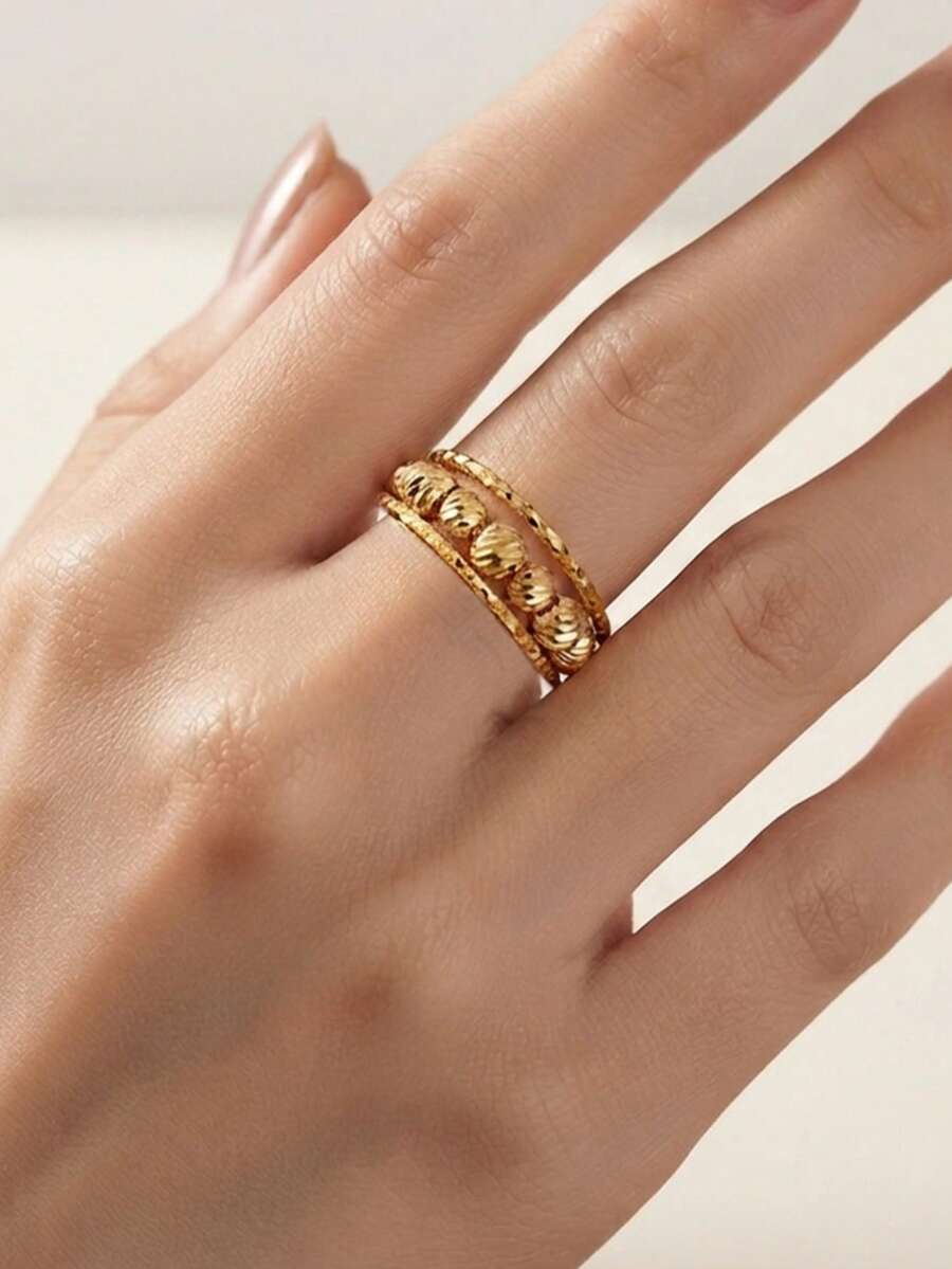 SHEIN خاتم قابل للتعديل مطلي بالذهب 21 قيراط بتصميم منقوش وخرز محفور