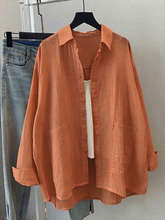 SHEIN قميص نسائي فضفاض بأكمام طويلة وجيب أمامي بلون برتقالي
