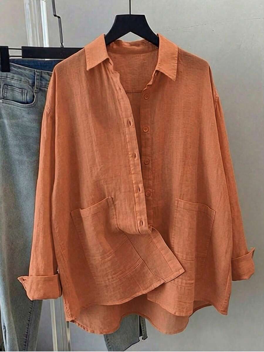 SHEIN قميص نسائي فضفاض بأكمام طويلة وجيب أمامي بلون برتقالي