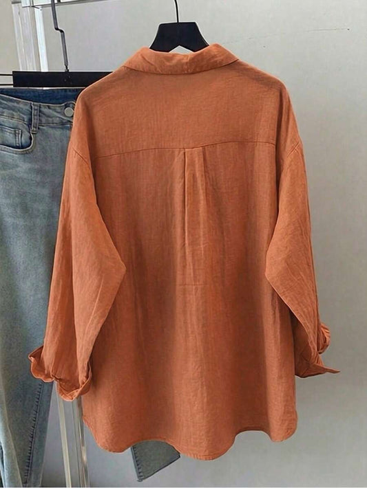 SHEIN قميص نسائي فضفاض بأكمام طويلة وجيب أمامي بلون برتقالي