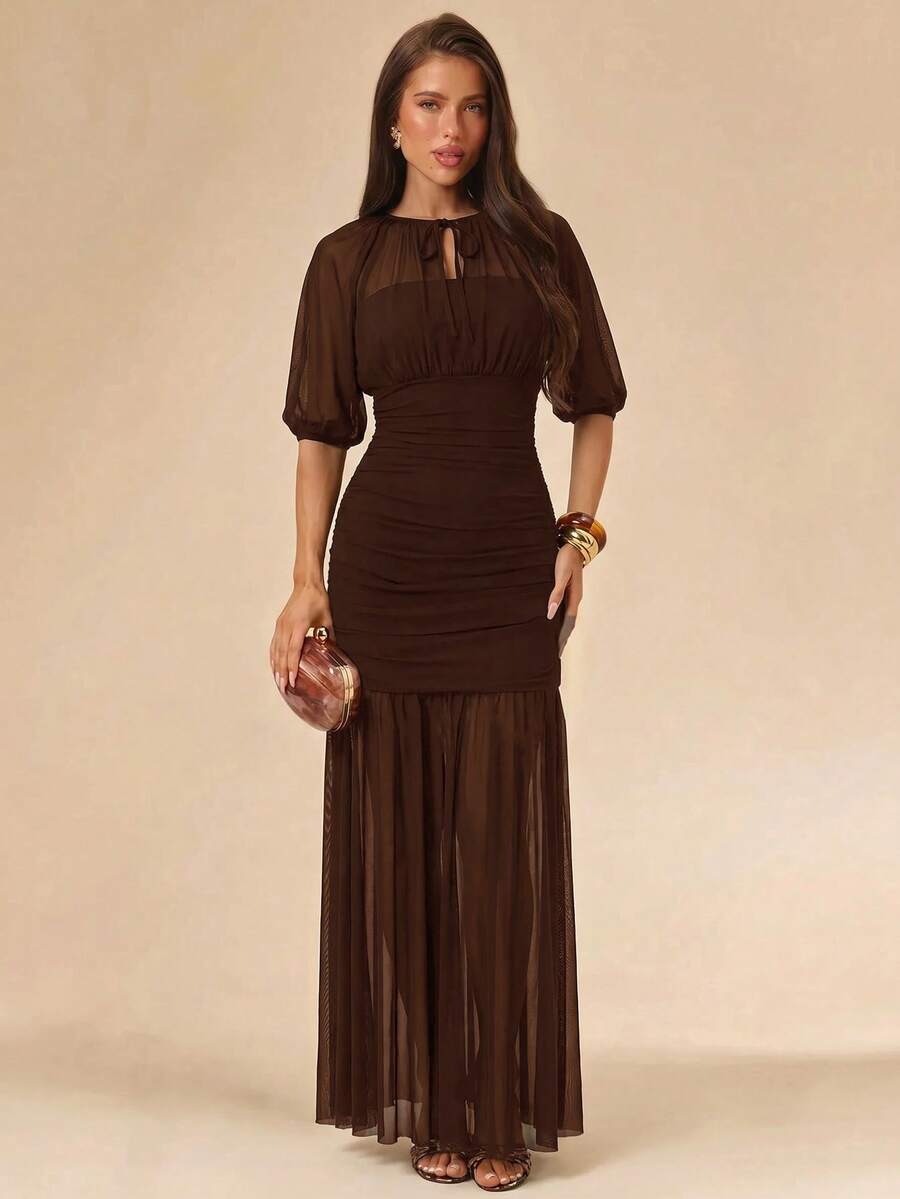SHEIN BAE فستان كاجوال مطوي بلون قهوة بني