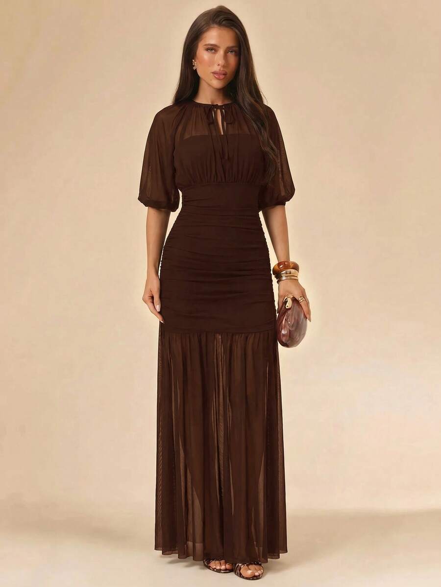 SHEIN BAE فستان كاجوال مطوي بلون قهوة بني