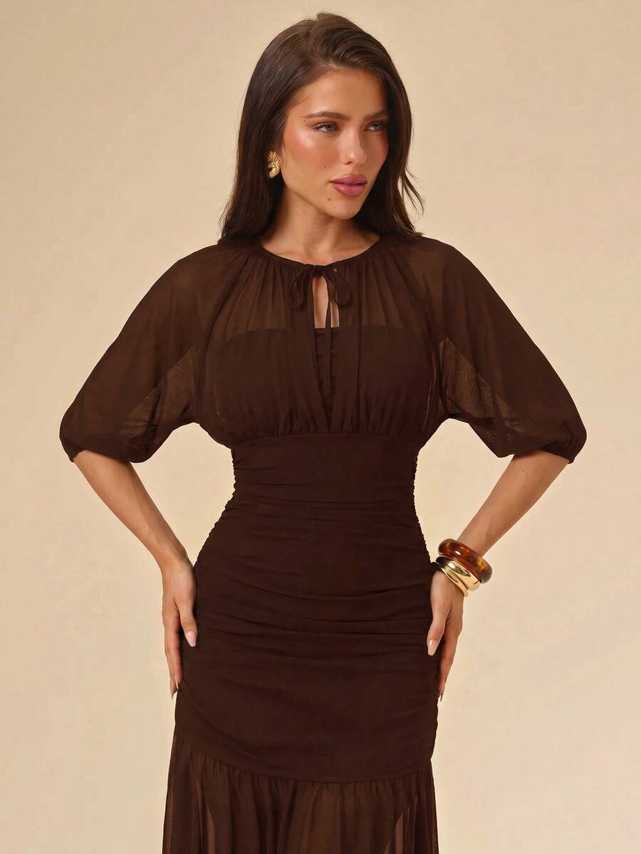 SHEIN BAE فستان كاجوال مطوي بلون قهوة بني