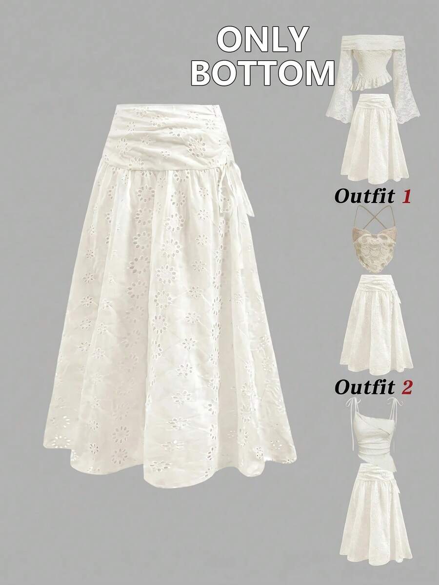 SHEIN MOD تنورة بلون بيج مطرزة بتصميم مجوف مزينة بفيونكة أنيقة