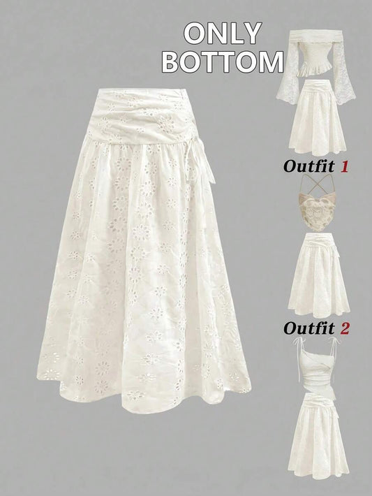 SHEIN MOD تنورة بلون بيج مطرزة بتصميم مجوف مزينة بفيونكة أنيقة