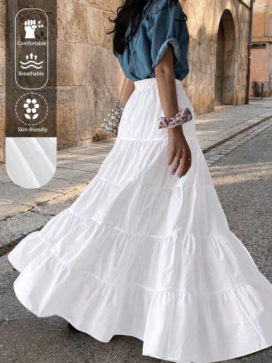 SHEIN EARO تنورة بلون أبيض بخصر عالي وطيات متعددة الطبقات