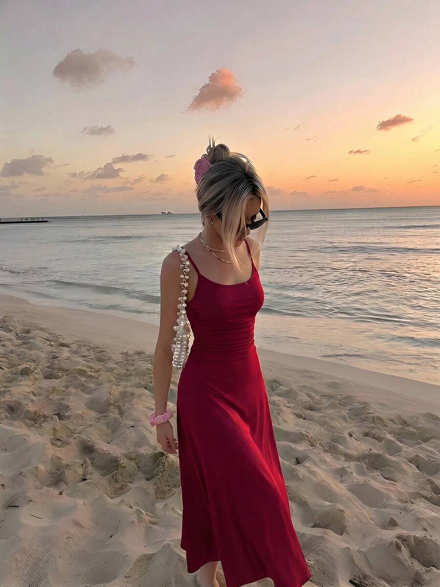 SHEIN MOD A-Line فستان طويل عنابي بحمالات وخصر مكشكش بقصة