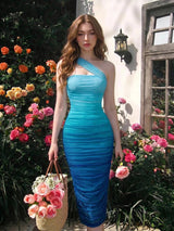 SHEIN MOD فستان أزرق أومبير شبكي مكشكش ضيق بكتف واحد
