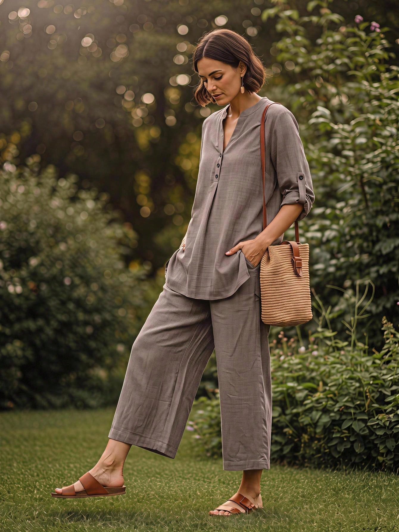 SHEIN Rusticease طقم نسائي كاجوال من قطعتين بياقة V وبنطال واسع