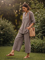 SHEIN Rusticease طقم نسائي كاجوال قطعتين بلوزة بياقة V وبنطال واسع