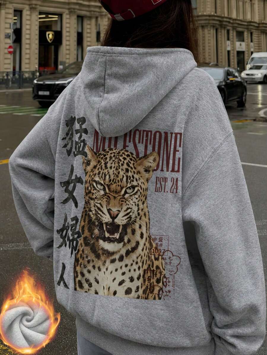 SHEIN هودي نسائي مبطن دافئ بطبعة نمر وحروف