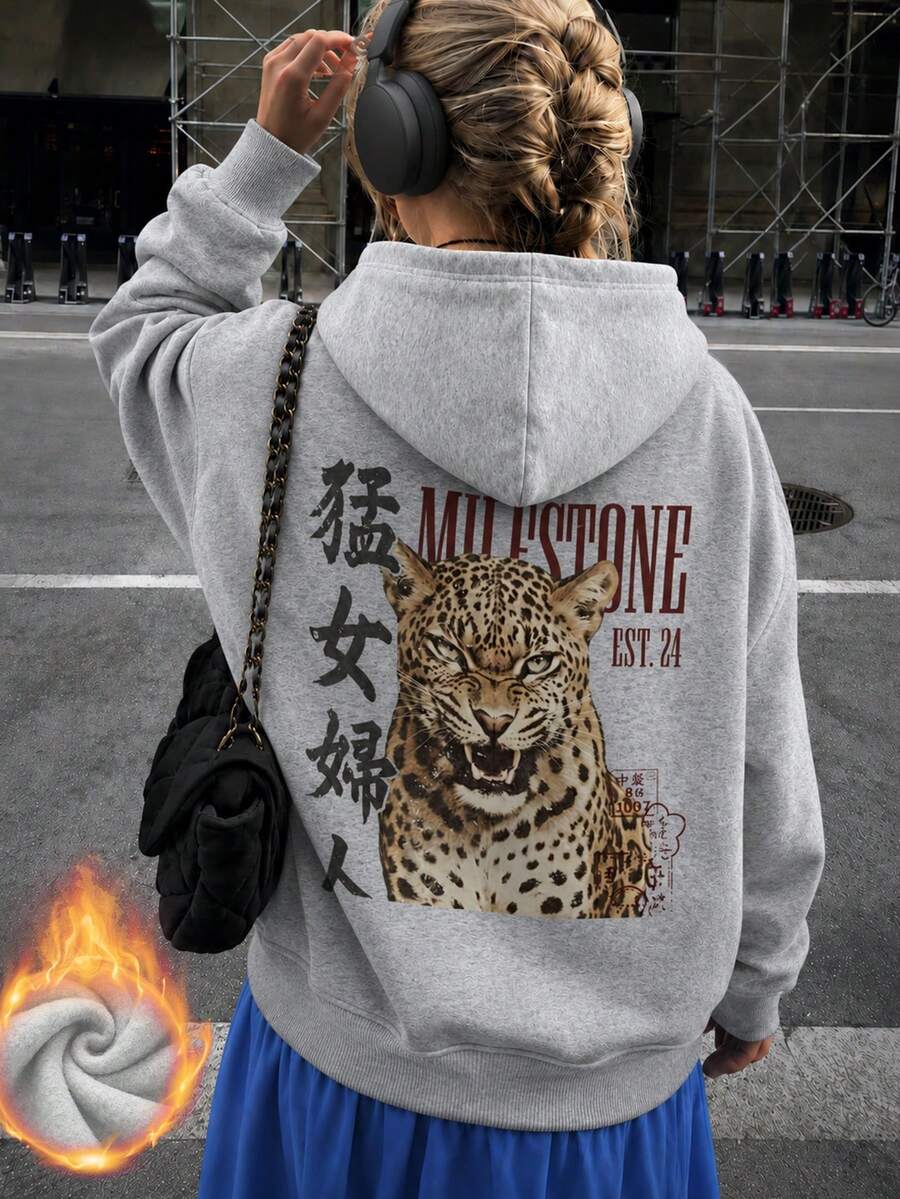 SHEIN هودي نسائي مبطن دافئ بطبعة نمر وحروف