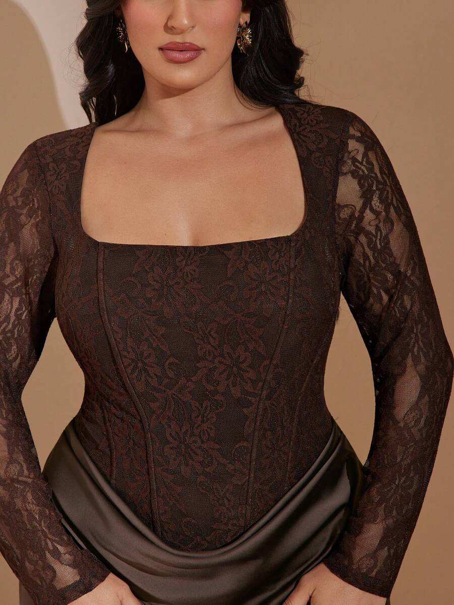 SHEIN BAE CURVE فستان دانتيل بني للمقاسات الكبيرة بأكمام طويلة