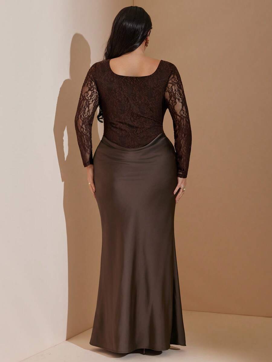 SHEIN BAE CURVE فستان دانتيل بني للمقاسات الكبيرة بأكمام طويلة