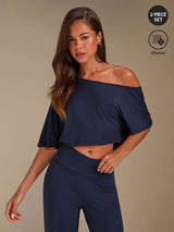 SHEIN Athîral طقم قطعتين من الفيسكوز بكتف مكشوف وبنطلون واسع بخصر عالٍ