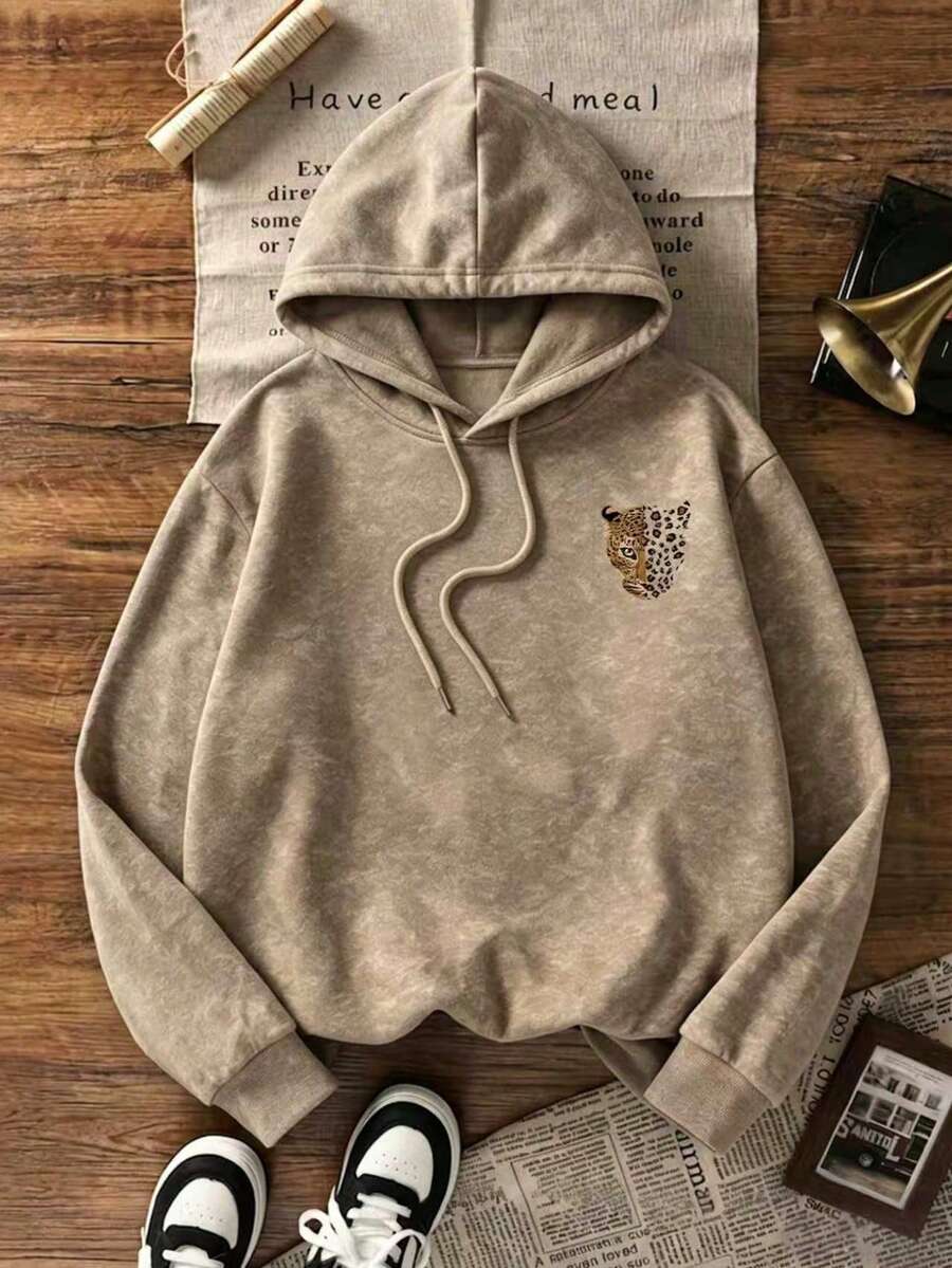 SHEIN هودي نسائي مبطن بالفليس بطبعة نمر