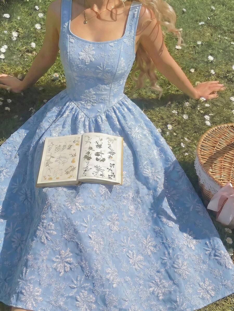 SHEIN Skyraze فستان من الجاكار بطراز عتيق بلون أزرق فاتح