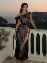 SHEIN MOD فستان أسود من الدانتيل بتصميم غير متماثل وأنيق