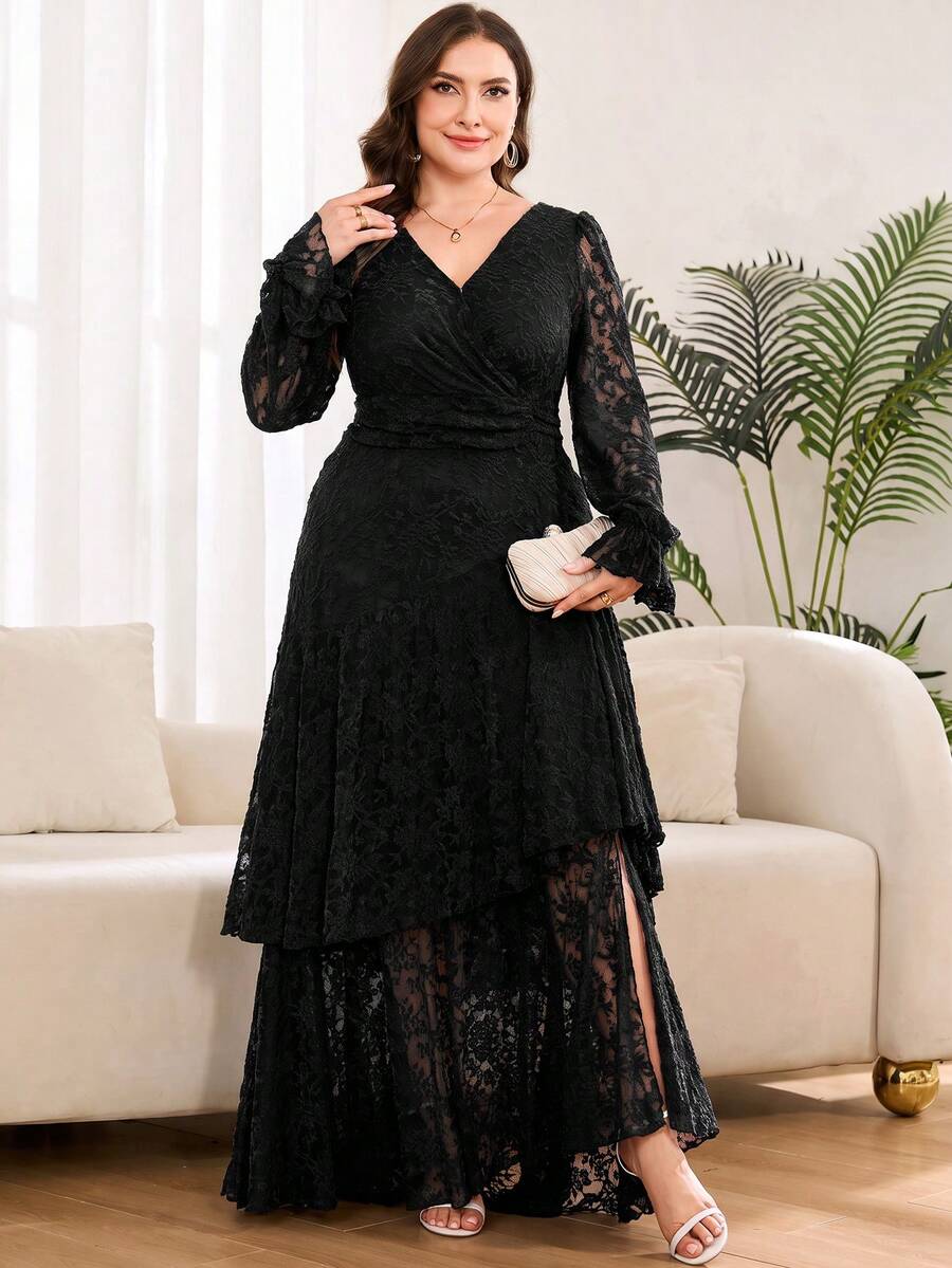 SHEIN Clasi فستان أسود طويل للمقاسات الكبيرة بطبعة زهور وخصر محدد