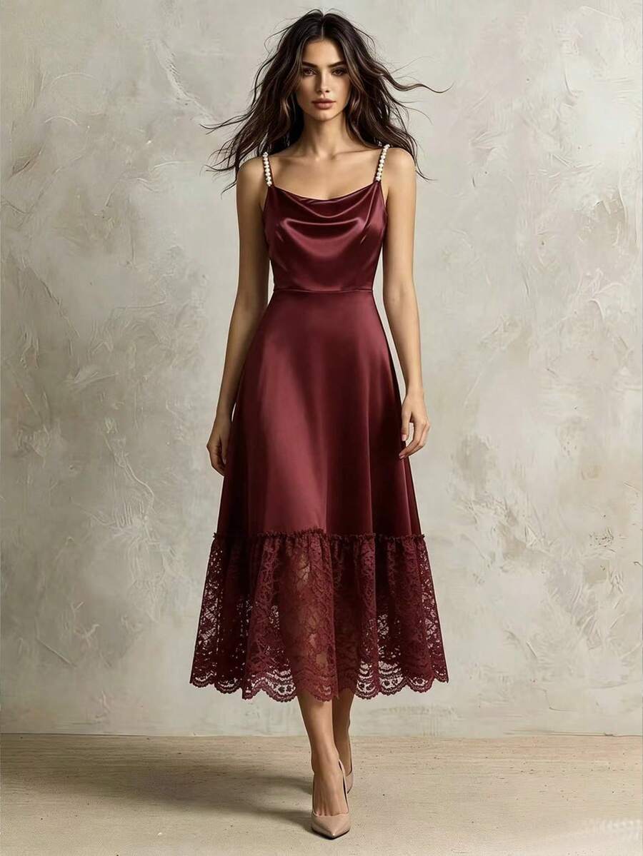 SHEIN Franclia A-Line فستان ساتان عنابي مزين بالخرز والدانتيل المتباين بقصة