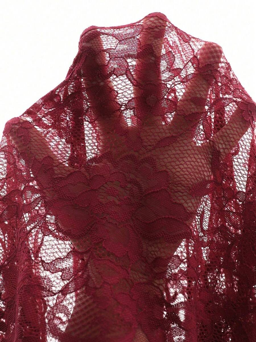 SHEIN Franclia A-Line فستان ساتان عنابي مزين بالخرز والدانتيل المتباين بقصة
