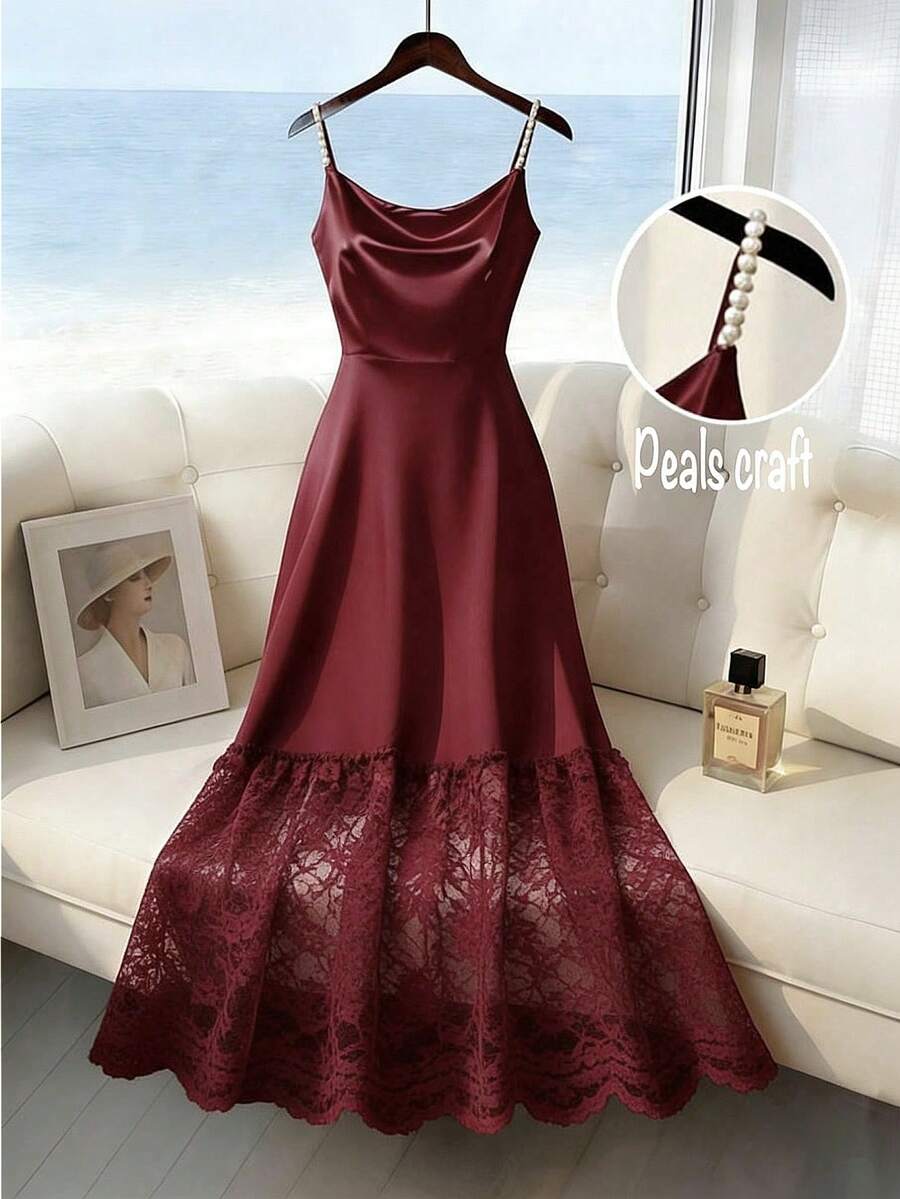 SHEIN Franclia A-Line فستان ساتان عنابي مزين بالخرز والدانتيل المتباين بقصة