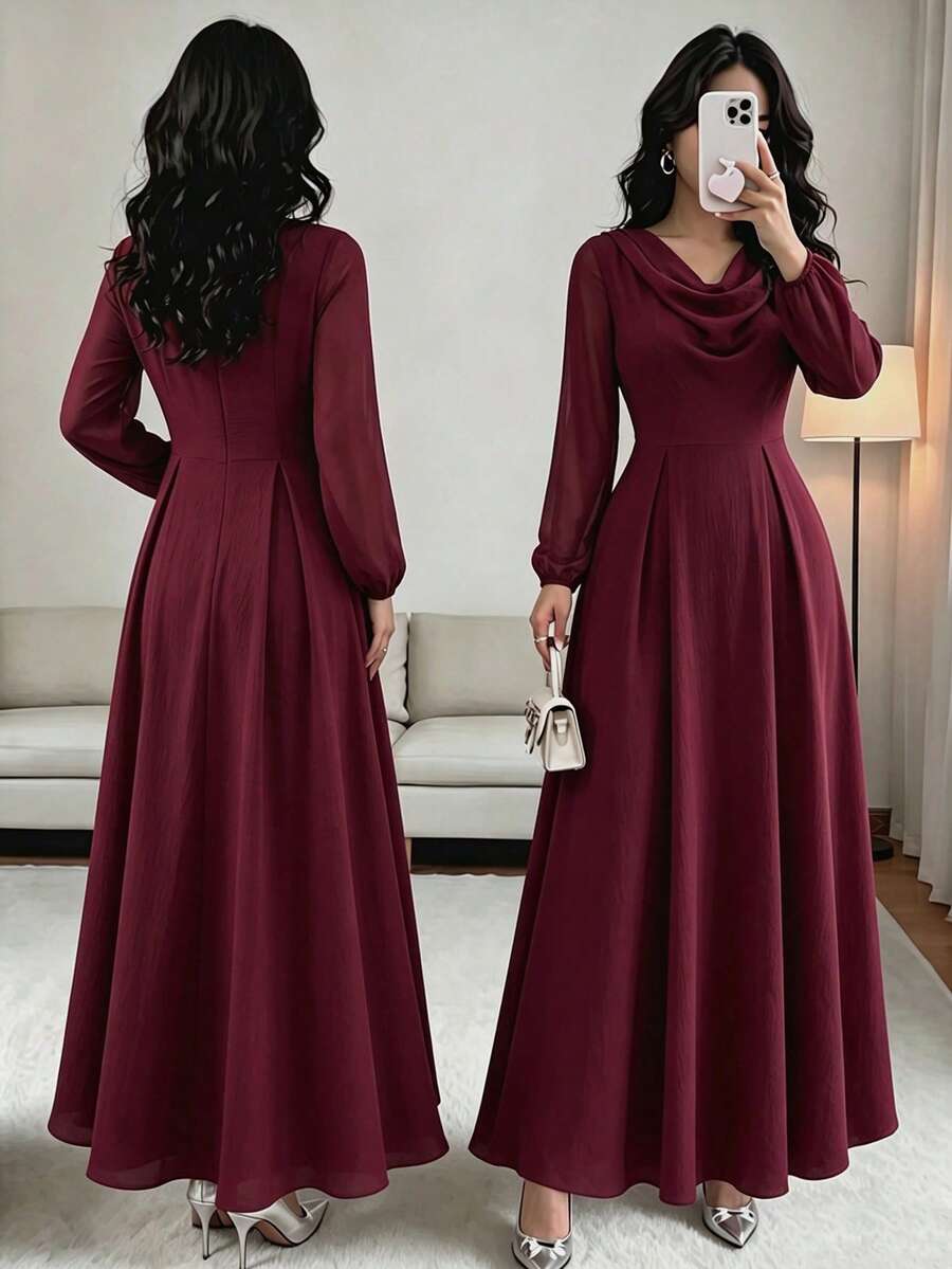 SHEIN Elenzga فستان شيفون برقبة منسدلة وأكمام طويلة وخصر مشدود