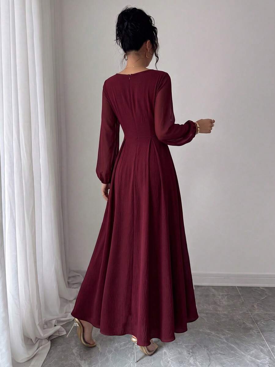 SHEIN Elenzga فستان شيفون برقبة منسدلة وأكمام طويلة وخصر مشدود