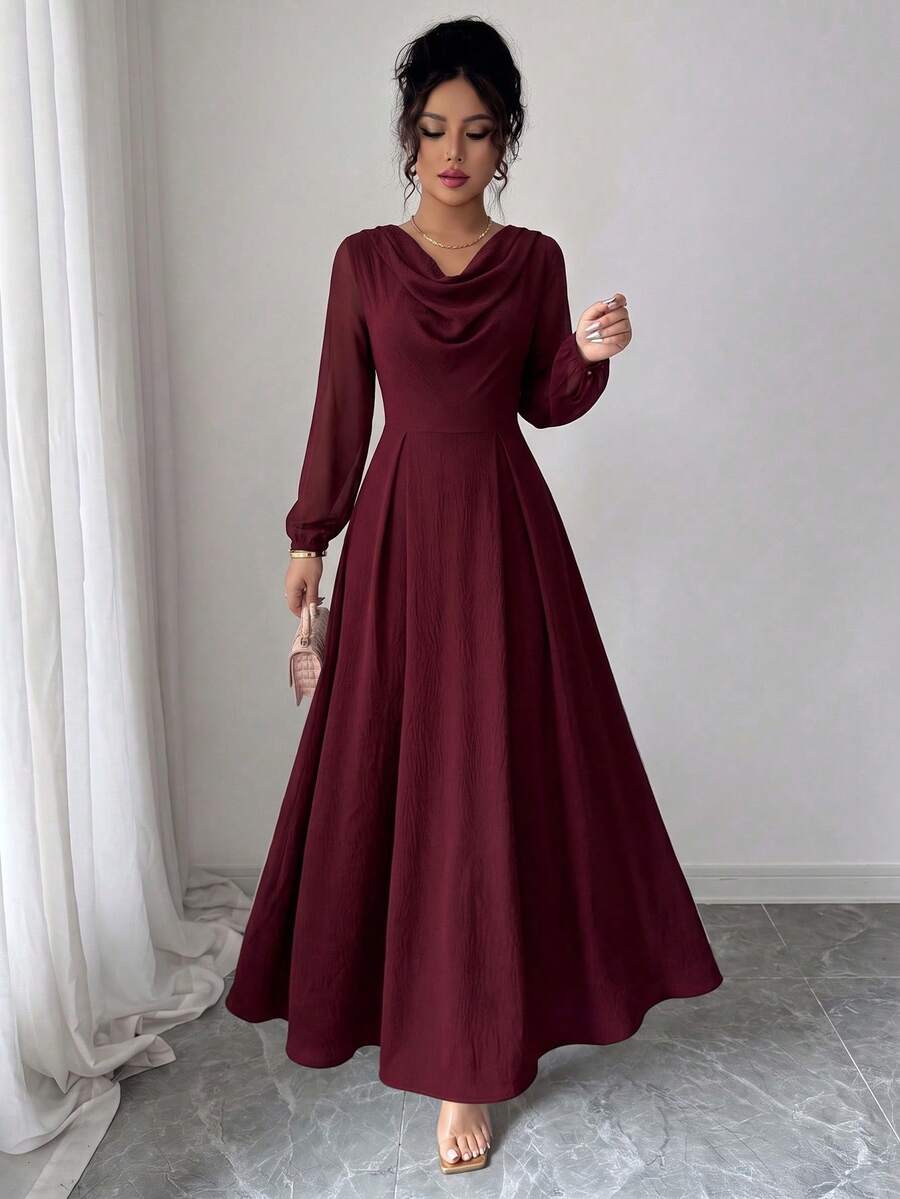 SHEIN Elenzga فستان شيفون برقبة منسدلة وأكمام طويلة وخصر مشدود