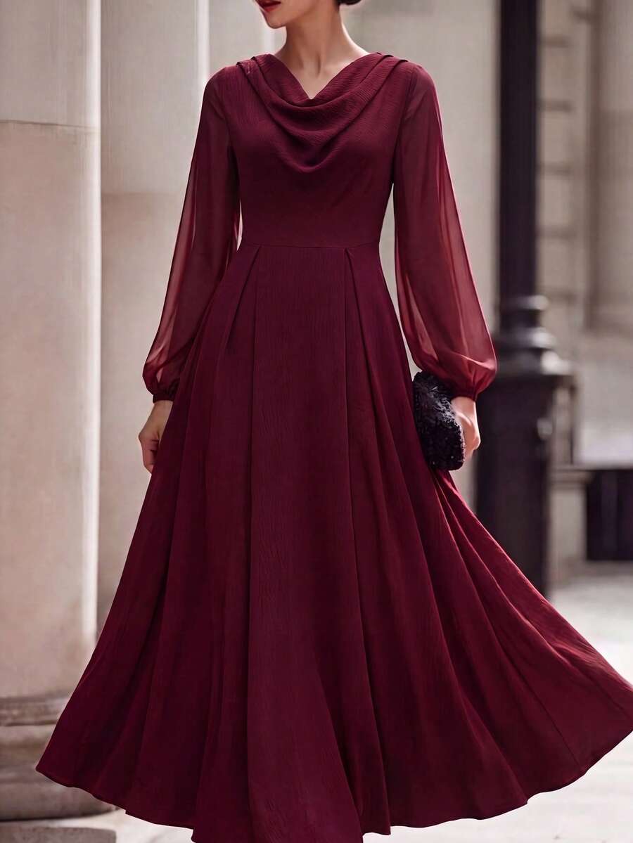 SHEIN Elenzga فستان شيفون برقبة منسدلة وأكمام طويلة وخصر مشدود